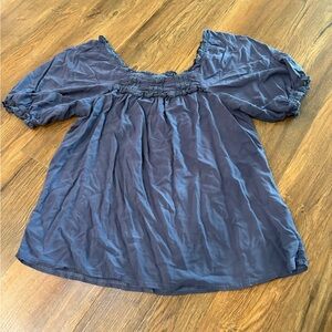 Laffaire Smocked Square-Neck Puff Sleeve Blouse in Navy Blue